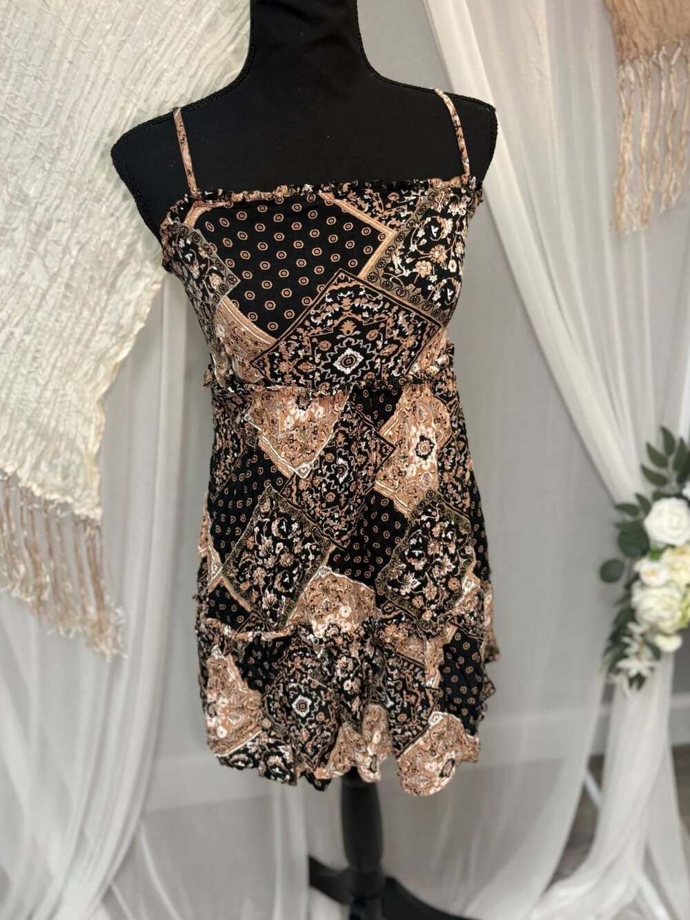 Y2K Derek Heart dress size s brown black paisley patchwork print mini